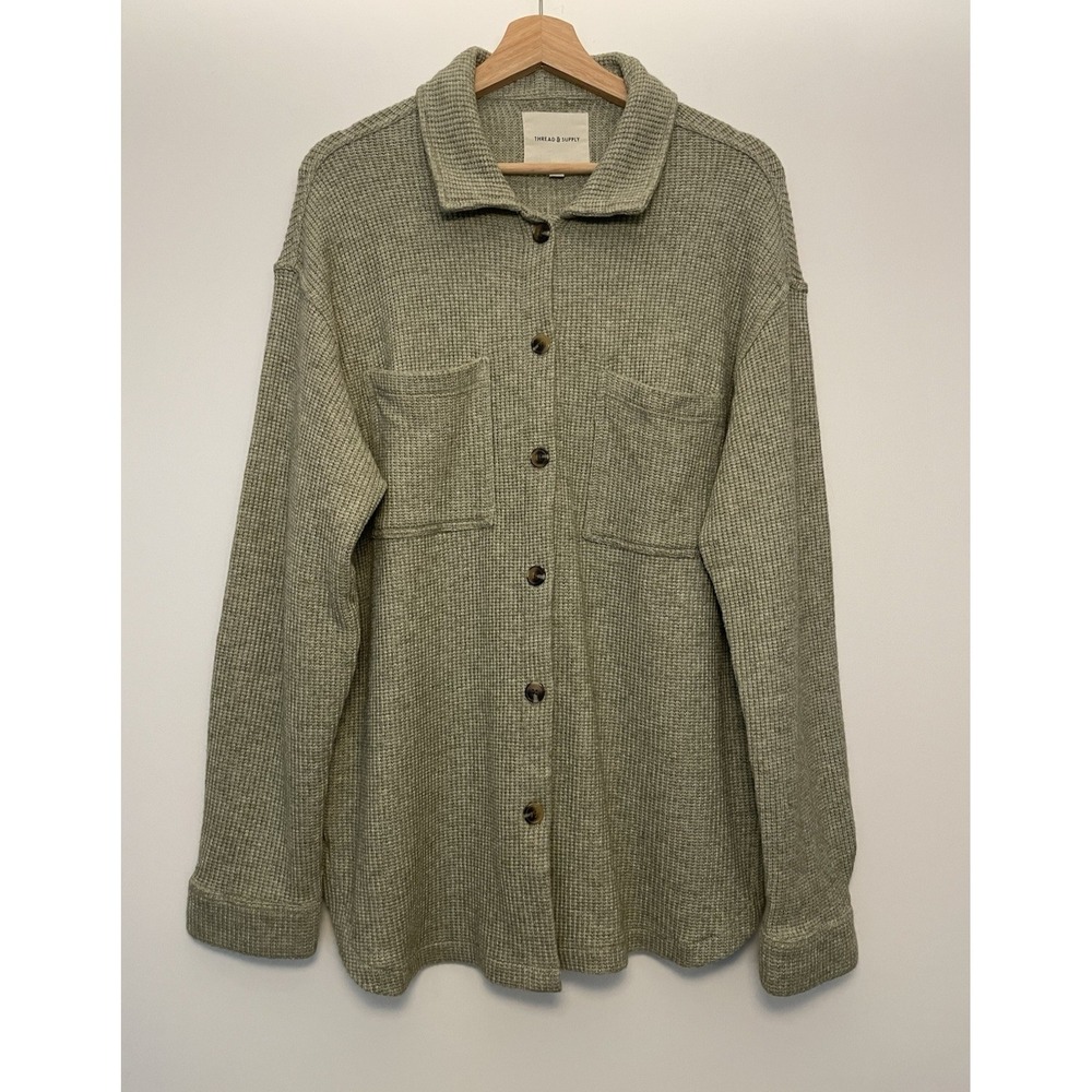Thread & Supply Women's Shacket‎ Size Large Sage Buttons Waffle Knit Rayon Blend